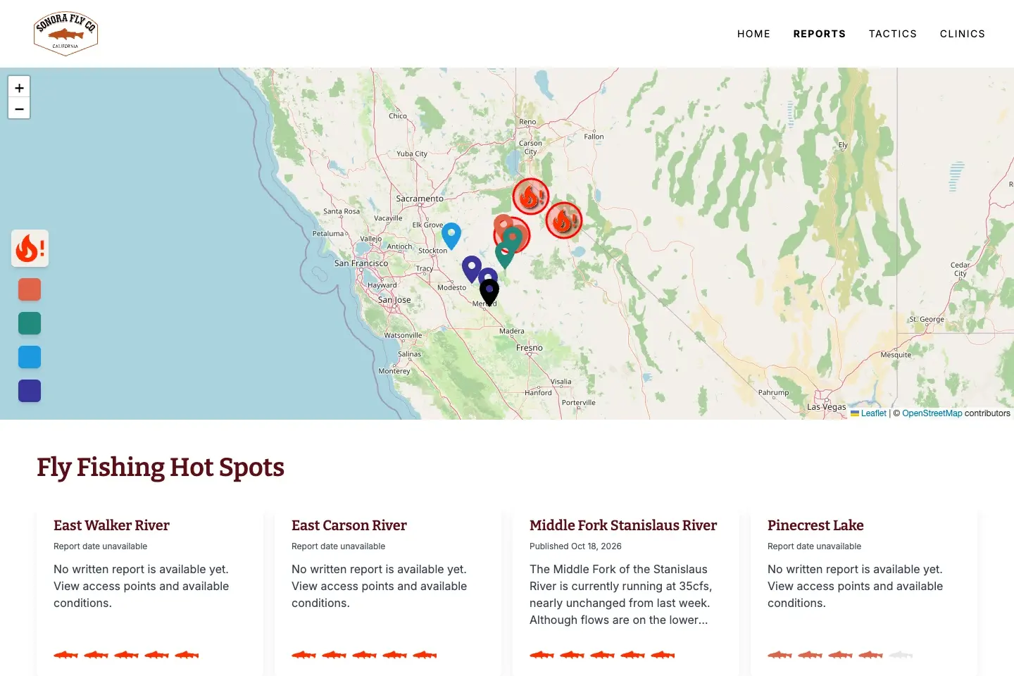 Sonora Fly Co. fishing reports desktop interface