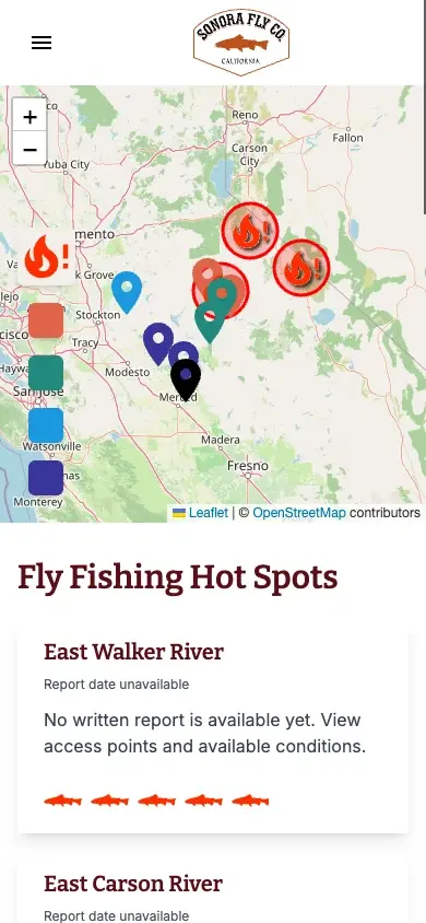 Sonora Fly Co. fishing reports mobile interface